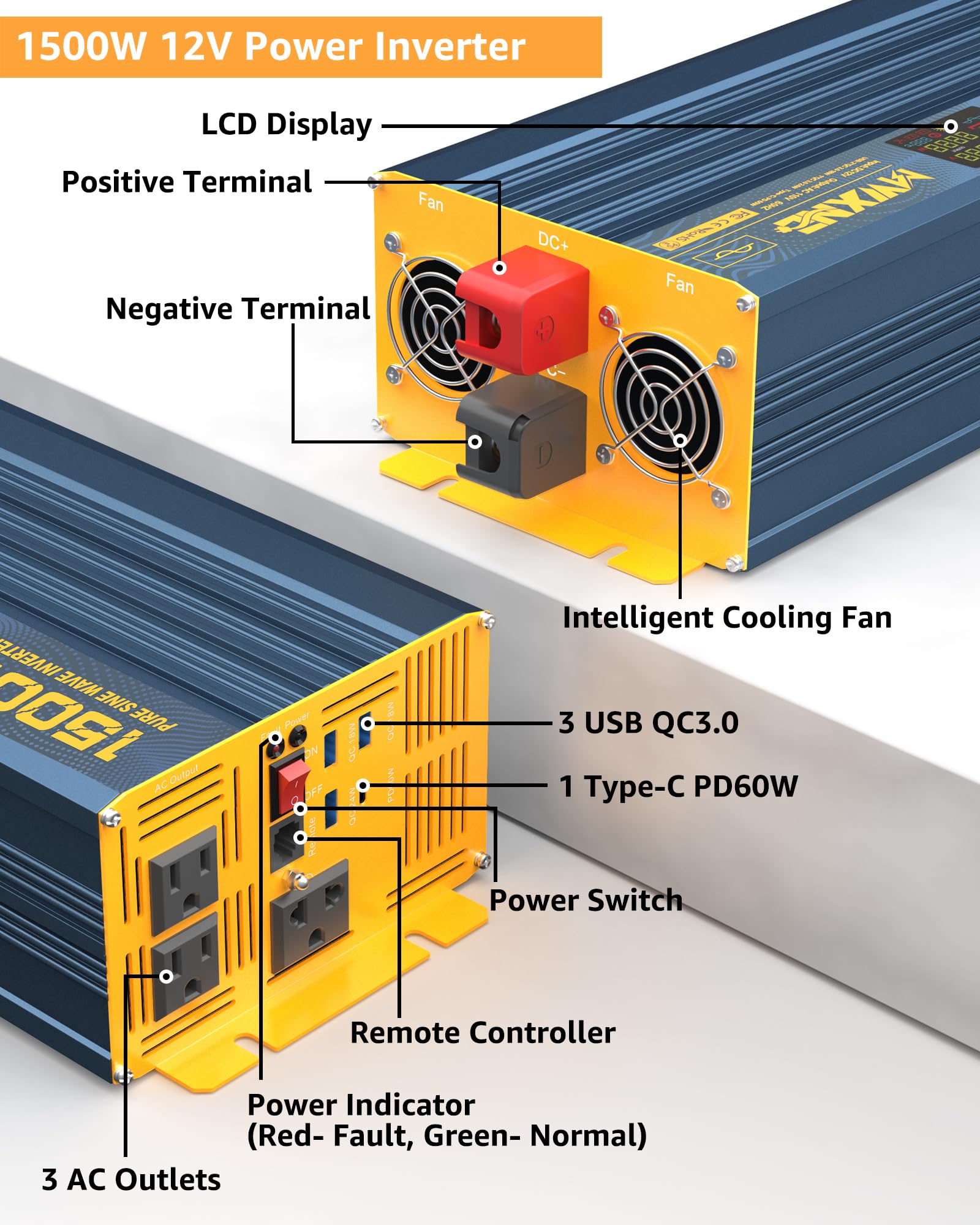 MWXNE 1500w Pure Sine Wave Power Inverter 12v Dc to 120v Ac for