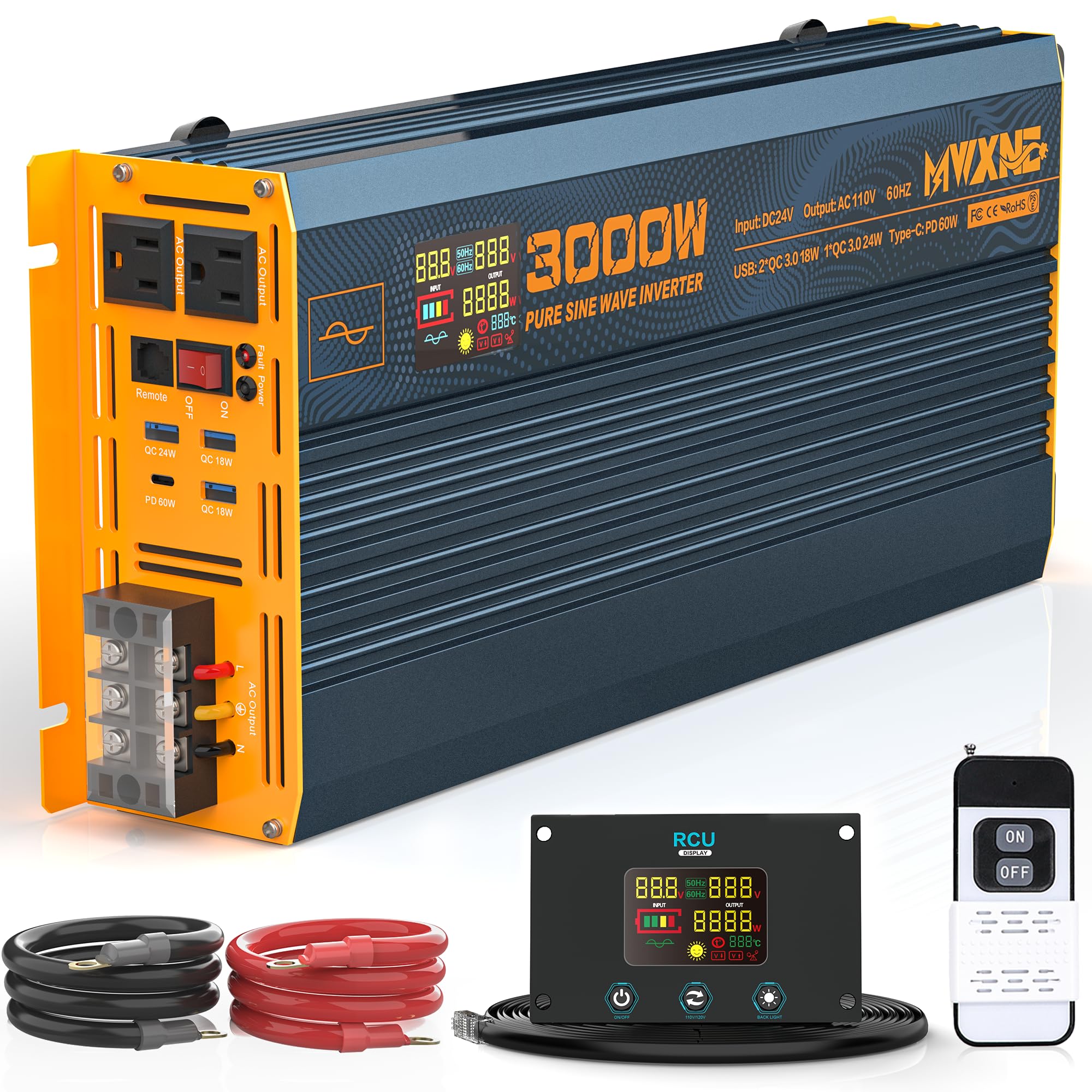 MWXNE 3000W Pure Sine Wave Power Inverter Dc 12v to 110v 120v Ac